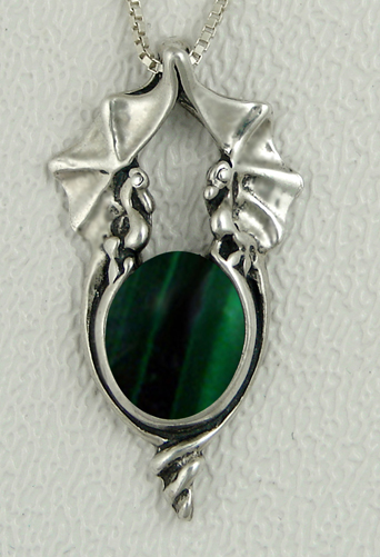 Sterling Silver Proud Pair of Dragons Pendant With Malachite